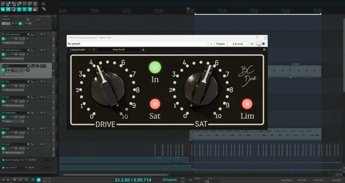 BC Drive loaded as a VST3 on the master track of a digital audio workstation