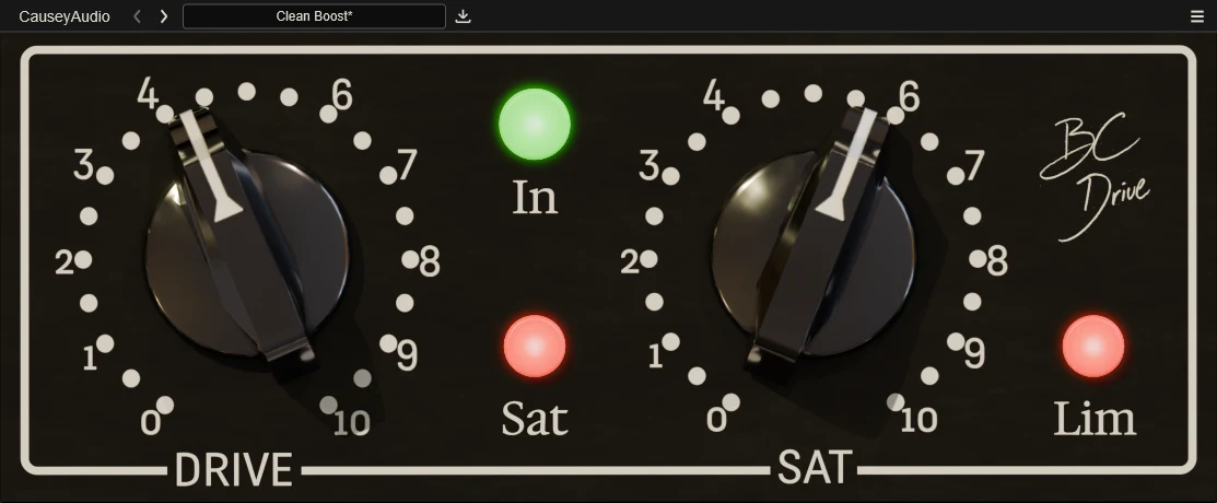 The BC Drive plugin interface, showing large Drive and Sat knobs with In, Sat and Lim indicator lamps